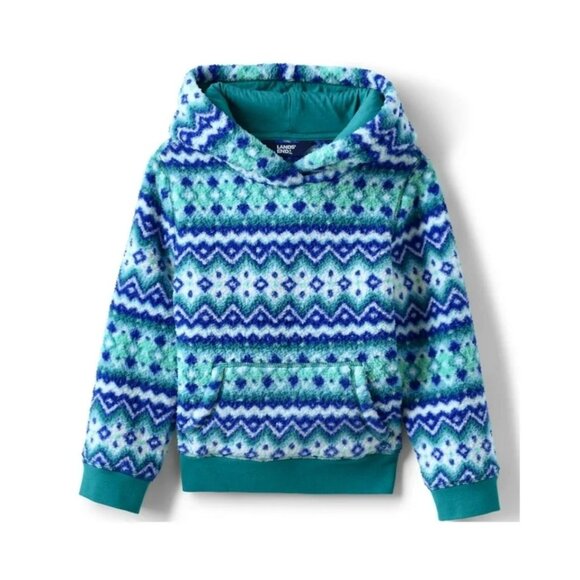 Lands' End Spade Blue Chevron Fair Isle High Pile Fleece Hoodie Kids Size S 6-7 - Picture 1 of 6